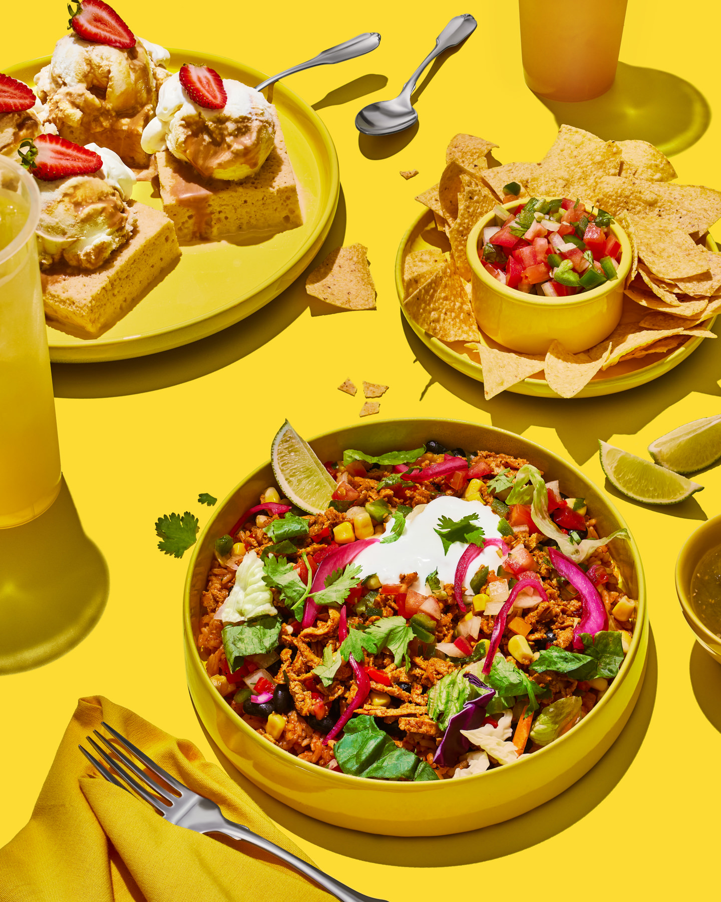 Vibrant Mexican food scene with tortilla chips on a bold yellow background – colorful food photography setup