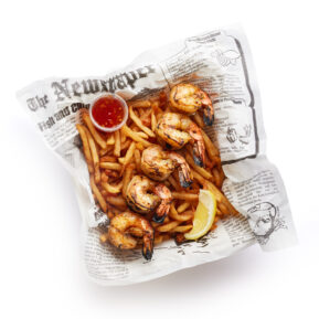 Fried shrimp noodles in newspaper wrap with dipping sauce – menu food photographer Toronto