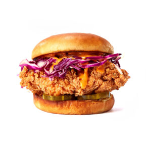 Crispy fried chicken burger with purple cabbage – menu photography Toronto