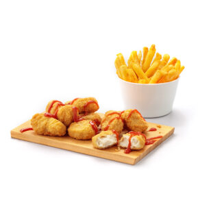 Chicken Nuggets with fries on wooden board – white background menu photography Toronto