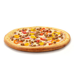 Supreme pizza with colorful toppings on white background – restaurant menu photographer Toronto