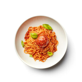Spaghetti with tomato meat sauce on white plate – restaurant menu food photography Toronto