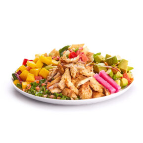 Grilled chicken and vegetable plate with pickled sides – restaurant menu photography Toronto