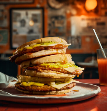 A stack of smashed burgers on a retro style restaurant table. Shot by Foodivine Studio, Food Photography Toronto.